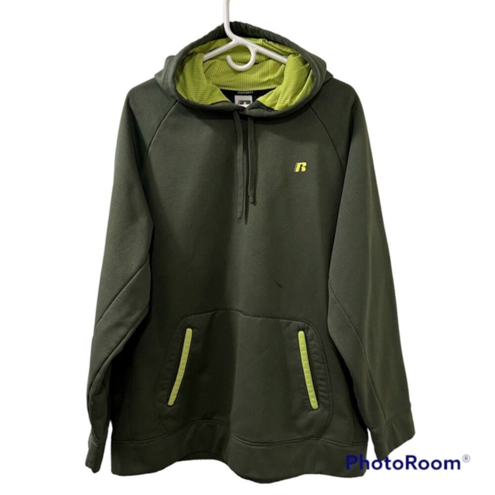 Russell Athletic Mens Army Green Fleece Pullover Hoodie Neon Trim XL